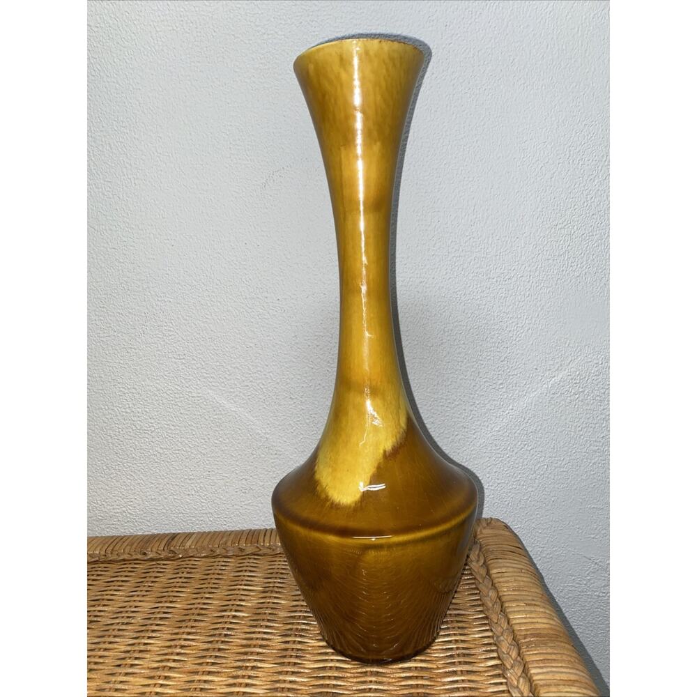 1960s Haeger Mid-Century Brown Yellow Drip Glaze Ewer Pottery Pitcher Vase Stamp